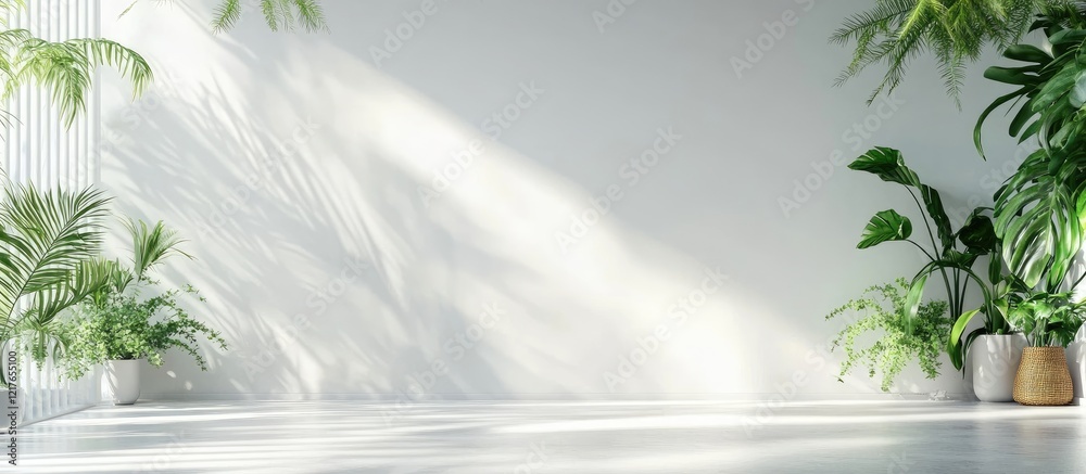 Poster bright and airy bedroom interior with lush greenery and blank space for custom text and design eleme