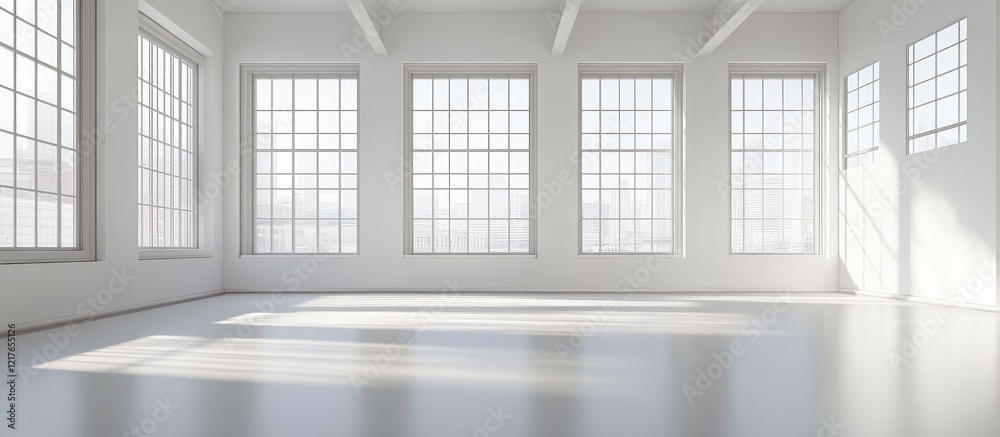 Poster Spacious and well-lit studio interior designed for creative work featuring large windows and ample empty space for customizable text