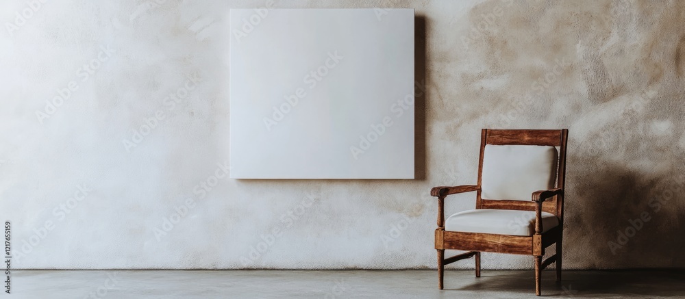 Poster minimalistic neutral interior with blank canvas and vintage armchair for text space in artistic desi