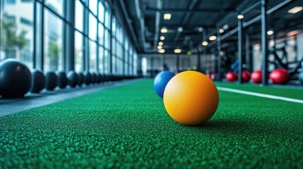 Close-up of colorful medicine balls on turf in modern crossfit gym emphasizing fitness training and athleticism in a vibrant environment