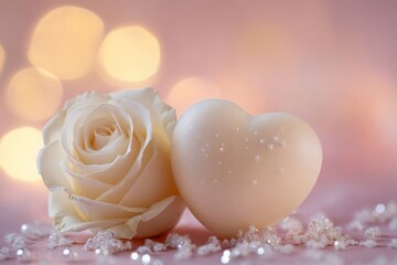 Soft pink rose and heart-shaped decoration evoke feelings of love and tenderness in a romantic setting