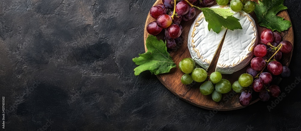 Poster brie cheese on wooden platter surrounded by fresh grapes with empty space for text on dark backgroun