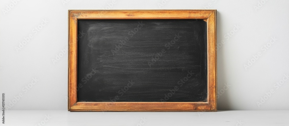 Poster chalkboard in wooden frame on white wall with empty space for text or creative writing ideas in educ