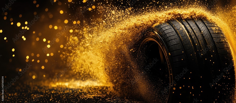 Poster Black tire creating a golden powder explosion on a dark background with ample space for text or branding elements