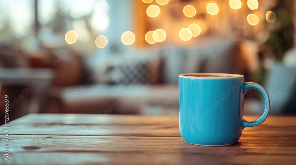 Aufkleber cozy wooden desktop with blue mug and warm ambient lighting blurred background perfect for text plac