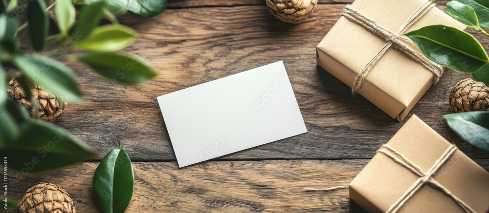 Aufkleber blank card mockup on wooden table surrounded by gifts and greenery ideal for custom advertisement me