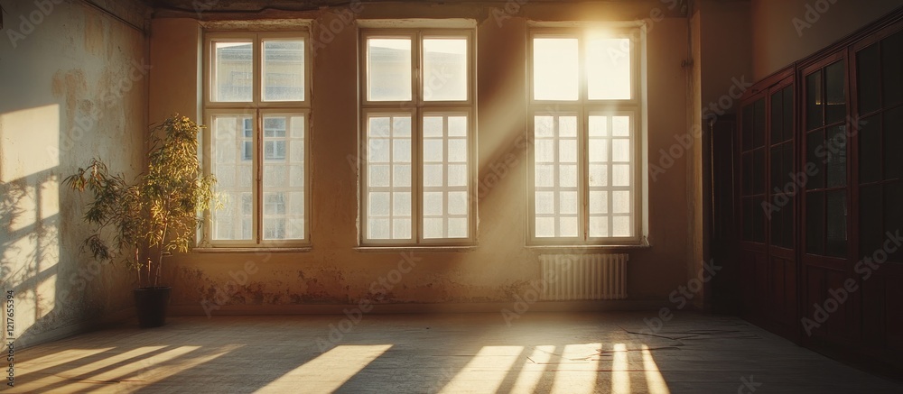Poster Sunlit empty living space featuring large windows bare walls and ample copy space for text in a bright and airy environment