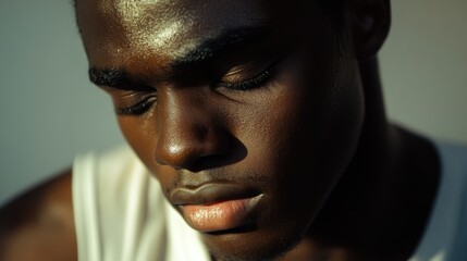 Close-up portrait of a young man with closed eyes and light playing on his skin Copy Space