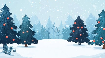 Obraz premium Winter landscape with decorated evergreen trees in snow under falling snowflakes Copy Space