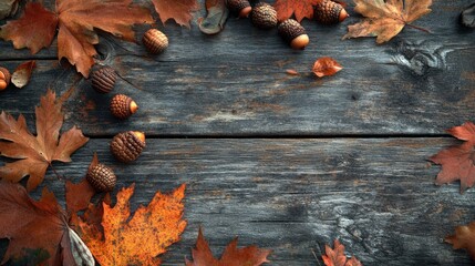 Autumn composition of acorns and colorful fallen leaves on weathered wooden surface