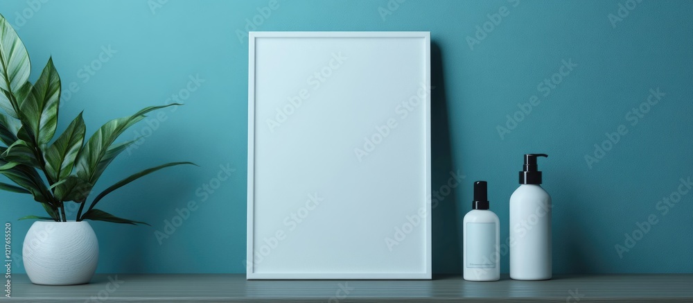 Poster blank canvas frame mockup featuring body care product bottles and green plant on minimalist shelf wi