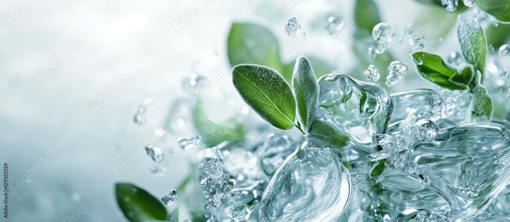 Poster botanical water splash with green leaves and clear copyspace for creative design and text integratio