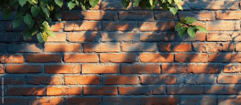 Aufkleber Brick Wall with Foliage Shadows Creating an Artistic Background and Space for Text or Design Elements