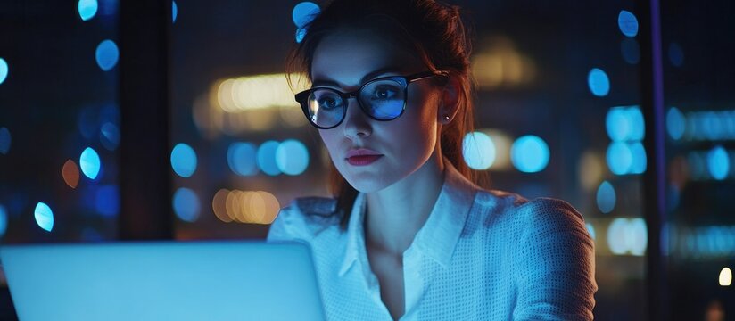 Professional Businesswoman Analyzing Data on Laptop with Focused Expression in Modern Office Setting Nighttime with Light Bokeh Effect