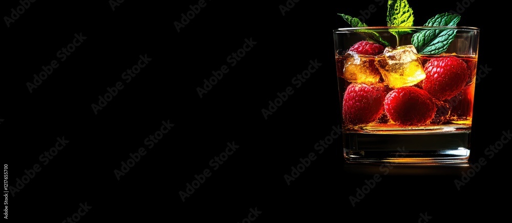 Poster Black whiskey cocktail garnished with raspberries and mint on dark background with empty space for text and branding elements.
