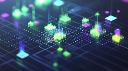 A holographic isometric grid scatterplot with floating geometric data clusters