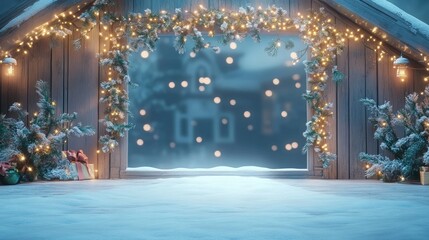 Snowy winter scene with cozy cabin interior decorated with Christmas lights and gifts, featuring blurred winter landscape outside, Copy Space.