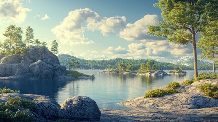 Serene lake, rocky shores, pine trees, sunny sky, idyllic landscape, travel brochure