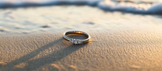 Beach wedding proposal engagement ring nestled in sand with ocean waves and soft lighting creating a romantic and serene atmosphere