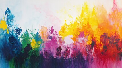 Fototapeta premium Colorful abstract painting with vibrant splashes of paint in shades of yellow, orange, pink, blue and green, suitable for copy space.