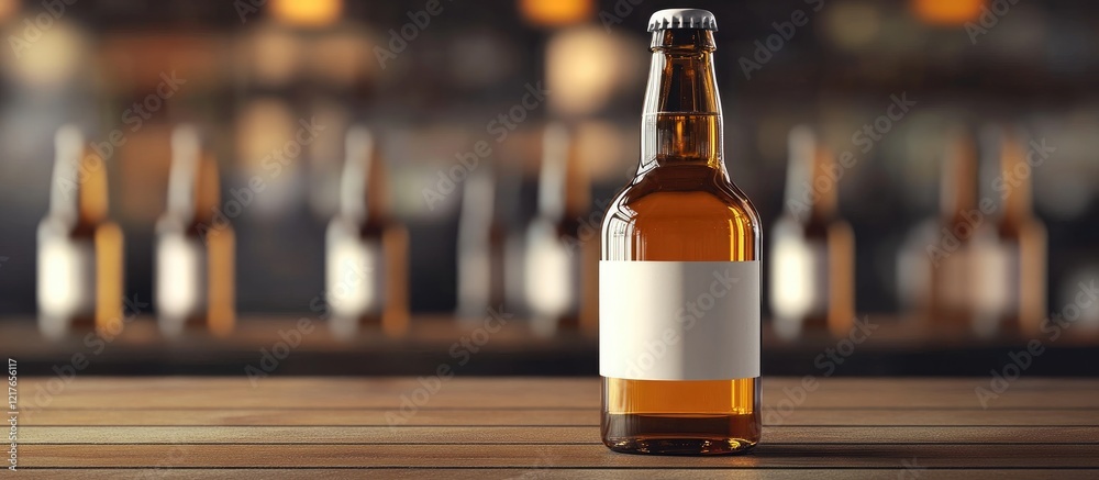 Aufkleber Brewery style beer bottle with blank label design for customizable branding and packaging in a rustic setting