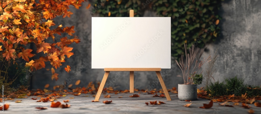 Aufkleber Autumn Art Gallery Setup with Blank Canvas and Seasonal Leaves Creating Ideal Copyspace for Text and Artistic Presentation