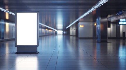 Mockup of an empty light box in an airport terminal waiting area with modern design elements