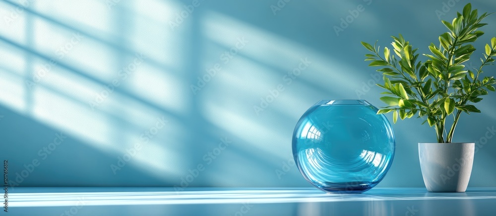 Aufkleber decorative glass vase with vibrant colors and a potted plant on a minimalist table with soft shadows