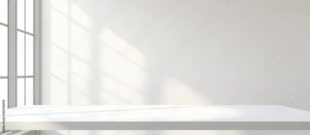 Poster Bright Minimalist Dining Room Interior Featuring White Table and Copious Natural Light with Empty Space for Text and Design Elements