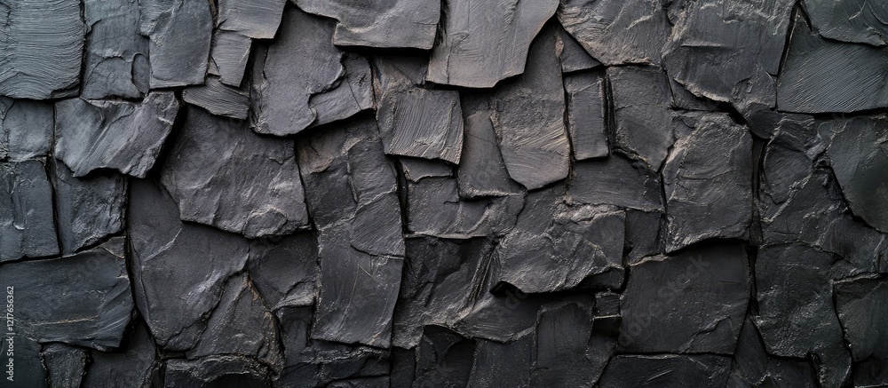 Poster Black textured stone wall featuring irregular patterns and ample copyspace for creative text overlay or design elements