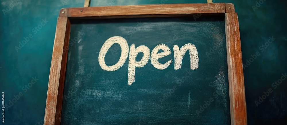 Aufkleber Blackboard displaying Open sign with rustic wooden frame and vibrant green background creating ample space for personalized text or messages