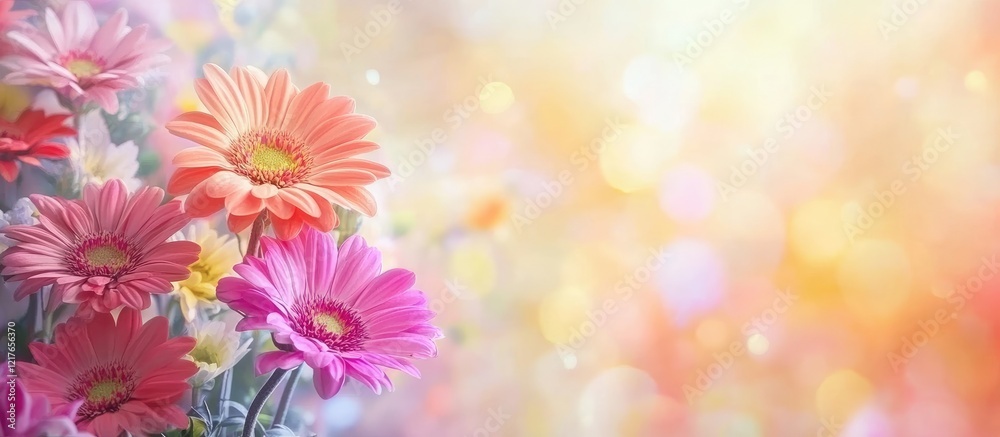 Poster Vibrant floral bouquet featuring colorful flowers with blurred background and ample space for adding text or messages