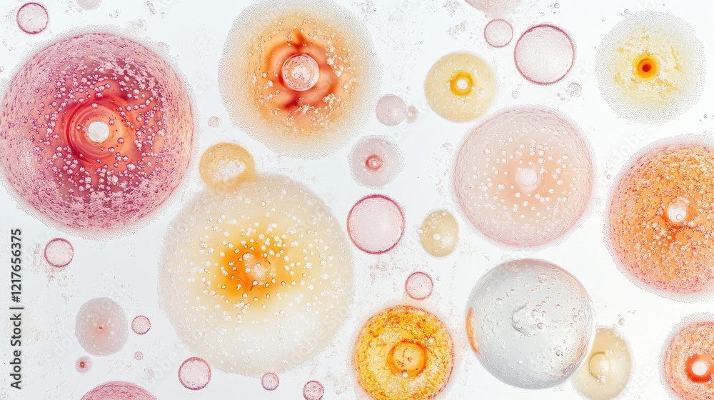 Poster colorful assortment of bubbles in various sizes on a bright white background creating a visually app