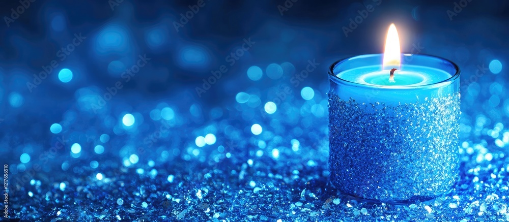 Poster Bright Blue Candle Casting Warm Light with Sparkling Background and Space for Custom Text or Messages
