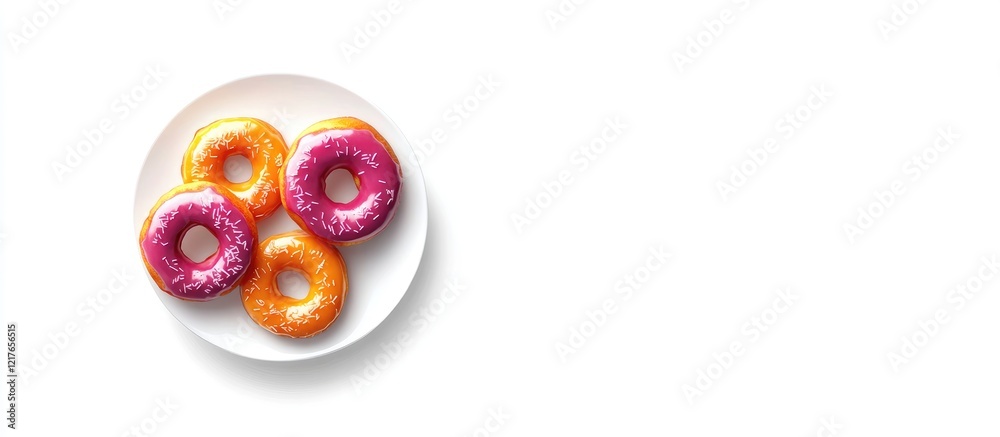 Poster vibrant assortment of freshly glazed donuts arranged on a white plate with ample negative space for 