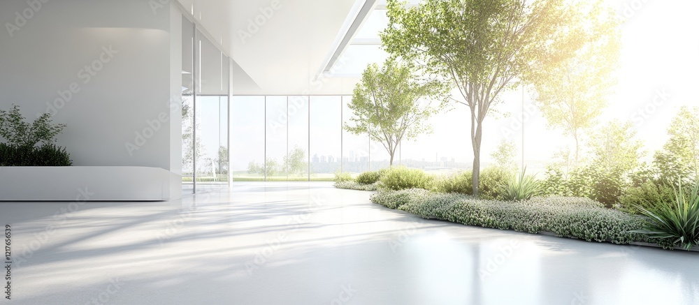 Poster bright modern office interior with large windows and panoramic views featuring vibrant greenery and 