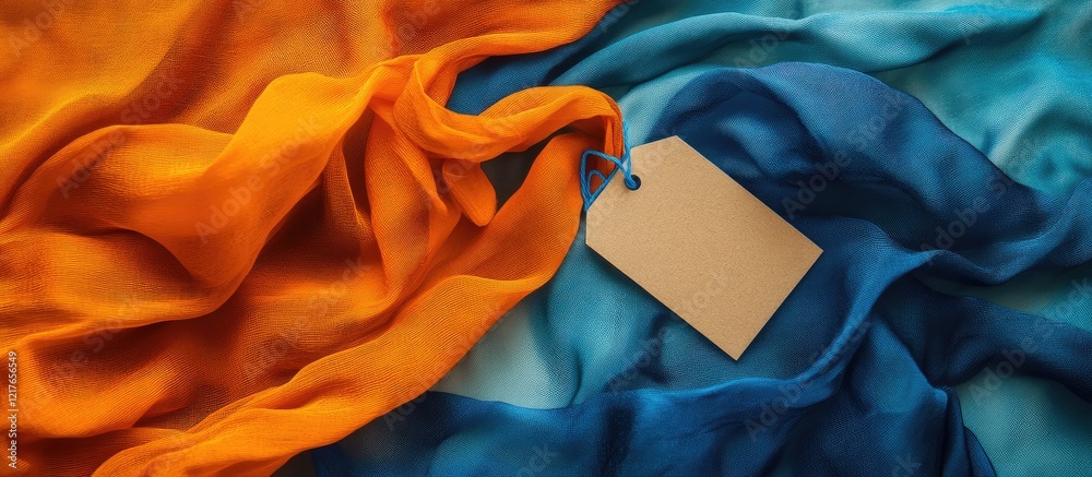 Poster Vibrant blue and orange fabric elegantly draped with a blank tag for customizable text or branding display in a stylish setting
