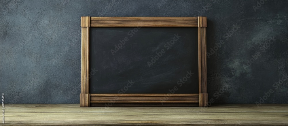 Poster Chalkboard on Wooden Table against Dark Gray Wall with Empty Copyspace for Text and Minimalist Design Elements