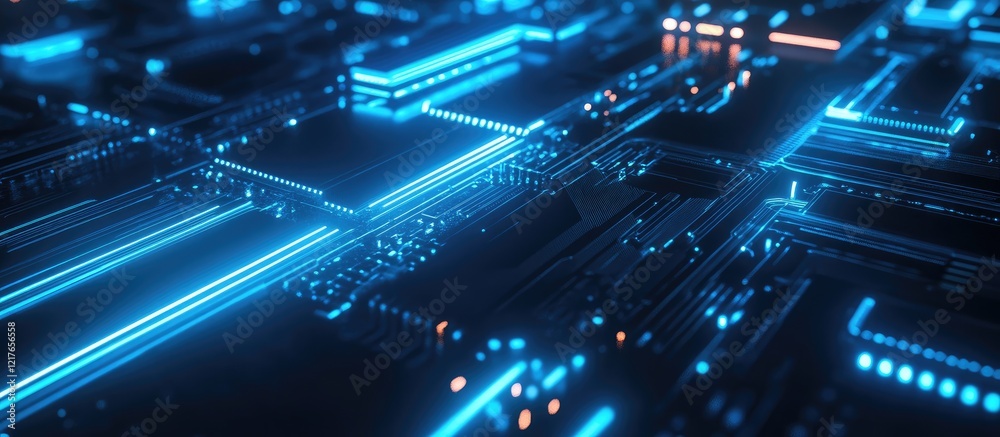 Poster Blue circuit board with glowing lines and futuristic technology design offering ample space for text and advertisements in a digital context