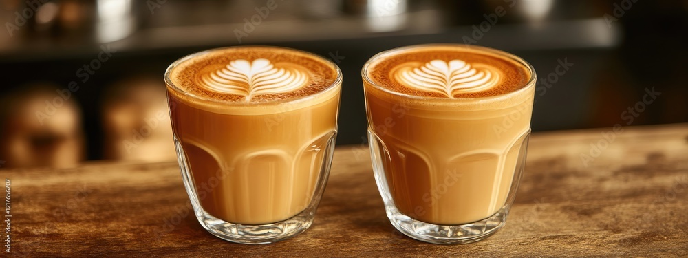 Poster Freshly brewed double espresso shots with latte art on a rustic wooden surface and blurred coffee equipment in the background, perfect for ads.