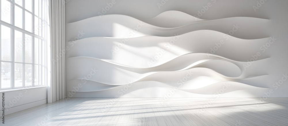 Aufkleber Bright Minimalist Room with Wavy White Panels and Smooth Floor Ideal for Coastal Style and Blank Space for Text or Design Elements
