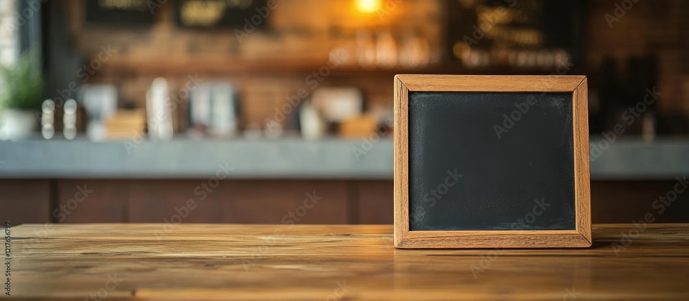 Poster Chalkboard on a wooden table in a cozy cafe setting with ample copyspace available for personalized text or menu display