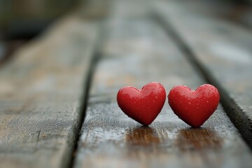 Fototapeta premium Two red hearts on a wooden surface symbolizing love and connection in a romantic ambiance
