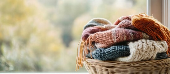 Cozy basket filled with colorful wool scarves and blankets by a window creating a warm autumn atmosphere with empty copy space for text