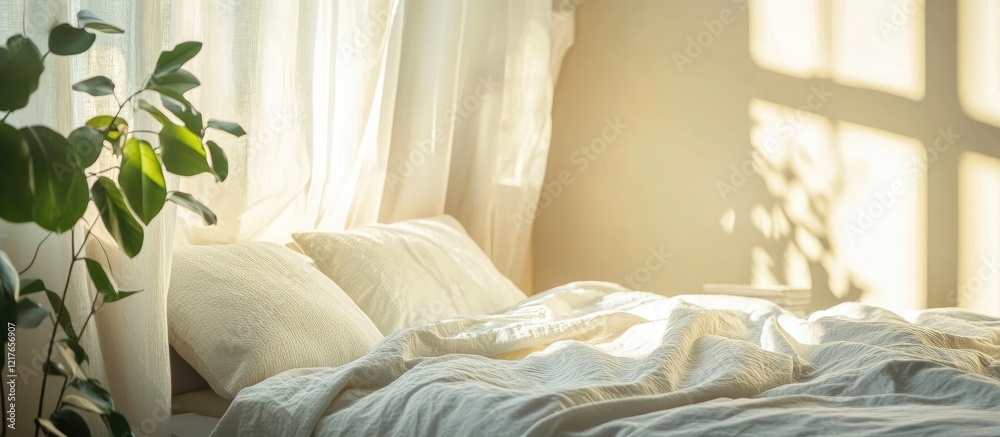 Poster Bright and airy bedroom interior design with soft colors and natural light creating a serene atmosphere and ample space for text integration.