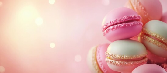 Obraz premium Colorful Macarons Stack on a Soft Pink Background with Bokeh Effect Sweet Delights Pastry Art Dessert Display Empty Copy Space for Text