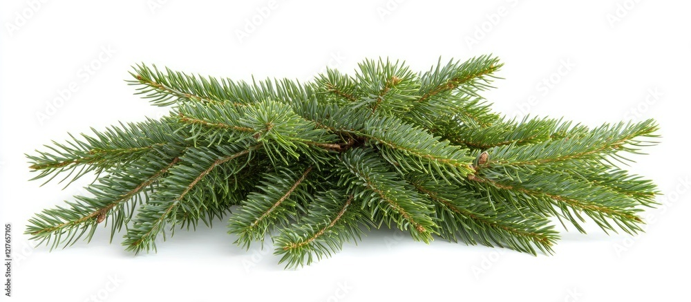 Poster Green spruce fir tree branch isolated on white background showcasing vertical growth with empty space for text and advertising opportunities.