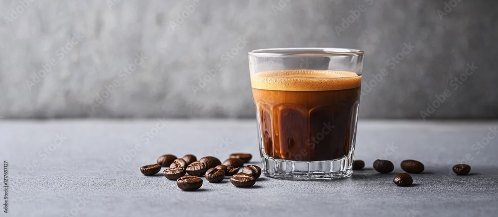 Poster Espresso coffee in glass cup with steam and coffee beans on gray surface providing empty space for text or branding purposes