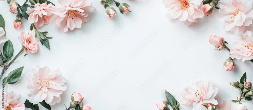 Poster floral greeting card template with blank space for text and delicate pink flowers on a soft backgrou