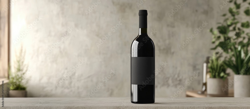 Poster Elegant Black Wine Bottle Display with Empty Label Space for Custom Branding in Contemporary Setting